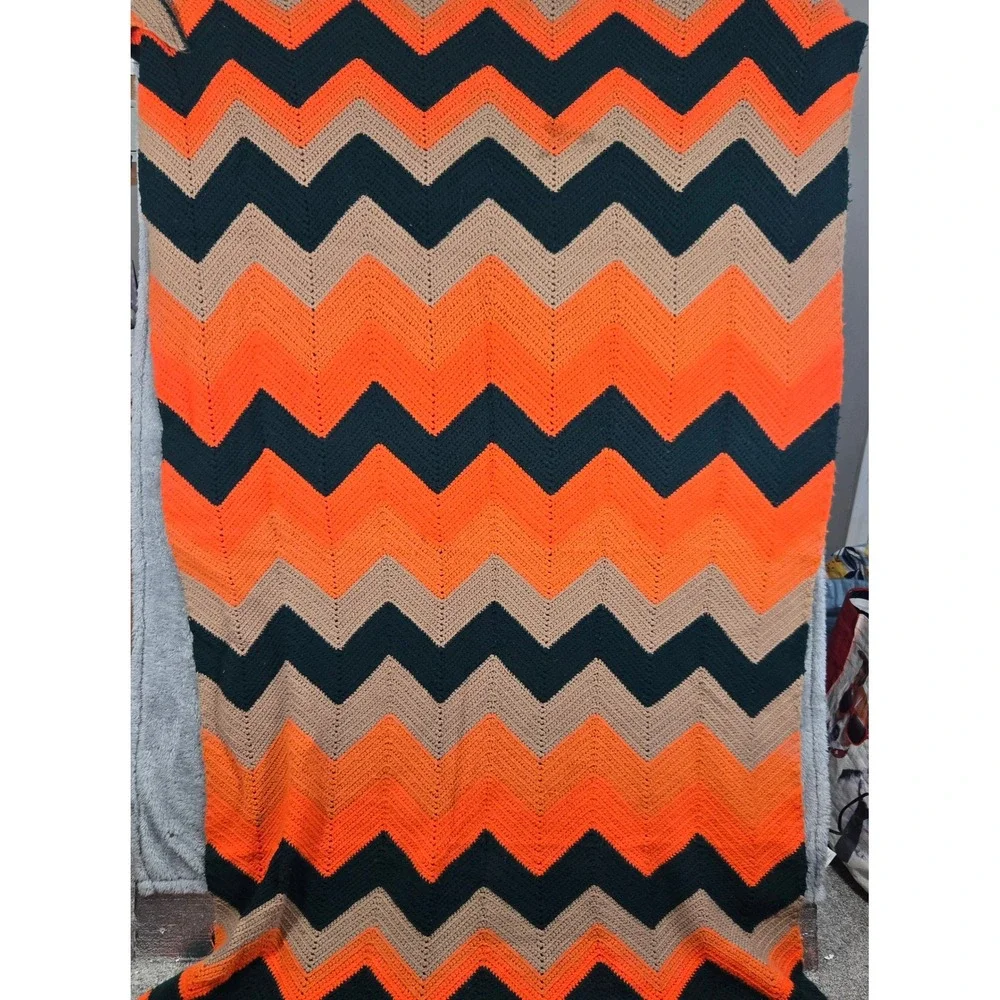 Handmade Crochet Afghan Throw Blanket Orange Tan Black Chevron Ripple 78x46